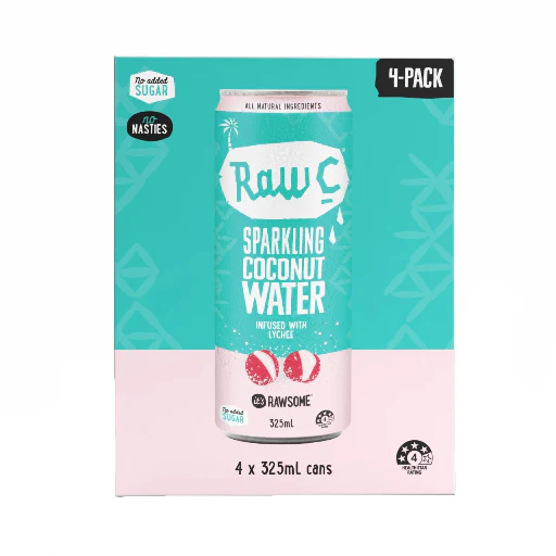 RAW C SPARKLING COCONUT WATER LYCHEE 4PK 325ML